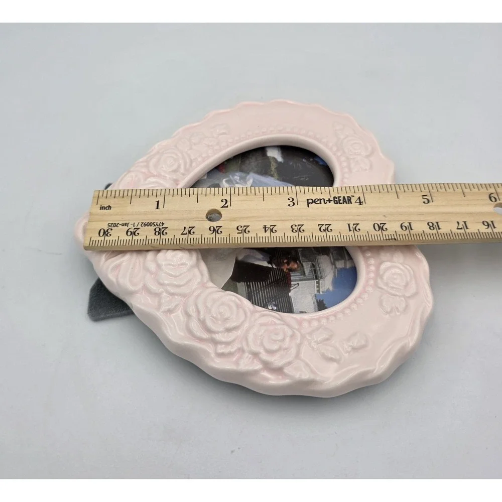 Vtg Pale Pink Heart Shaped & Roses Ceramic Picture Frame 3x3